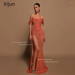 Party Dresses Xijun Orange Sexy Evening High Side Slit Prom Sleeves Off The Shoulder Formal Gowns Glitter Sequines