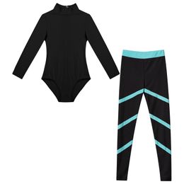 Kids Girls Mock Neck Ballet Dance Outfit Long Sleeves Leotard with Skinny Pants for Dance Workout Skating Gymnastics Jumpsuits