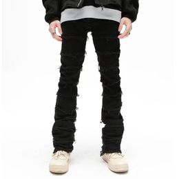 American style high street personalized jeans with distressed zippers and fringe hip-hop design winter straight fit pants 240410