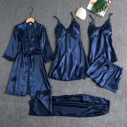 Sleepwear Female 5PCS Pyjamas Set Satin Pyjamamas Lace Patchwork Bridal Wedding Nightwear Rayon Home Wear Nighty Robe Suit 240326