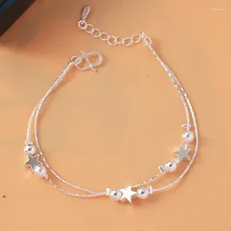 Charm Bracelets 925 Silver Plated Double Layer Chain Star Round Bead Bracelet &Bangle For Women Girls Wedding Jewellery SL022