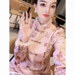 Ethnic Clothing Qipao Coat Traditional Chinese For Women Cheongsam Top Long Sleeved Plush Patchwork Cotton Jacket Shirt