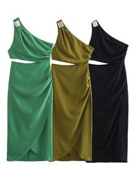 Willshela Women Fashion Solid Pleated Hollow Out Side Zipper Midi Dress Vintage One Shoulder Asymmetrical Neck Female Dresses 240407