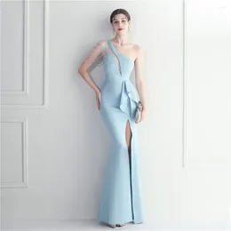 Party Dresses Formal Tassel One Shoulder Evening Dress With Slit For Women Satin Mermaid Pleated Bridesmaid Wedding Vestidos