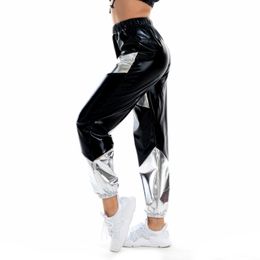 Women Shiny Metallic Jogger Pants Colour Block Holographic Jazz Hip Hop Dance Costume Sweatpant Tracksuit Bottoms