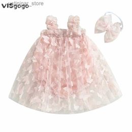 Girl's Dresses VISgogo Baby Girls Drses 2Pcs Summer Princess Outfits Sleeveless 3D Butterfly Tulle Romper Dress Bow Headband Set L47