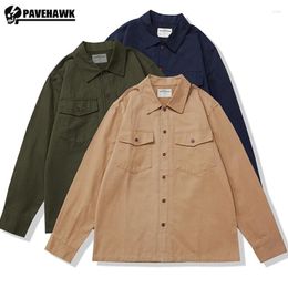 Men's Casual Shirts Mens Retro Cotton Cargo Shirt Jacket Heavyweight Simplicity Solid Matte Long Sleeved Top Double Pockets Washed Camisas