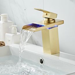 Bathroom Basin Faucet LED Faucet Brushed Gold Sink Waterfall faucet Single Hole Cold Hot Gold Tap Basin Mixer Tap Torneira