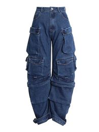 Design di personalità multi-tasca Design solido Y2K jeans largo da donna High Street Hip-hop a gamba a gamba casual jeans 240328 a vita alta