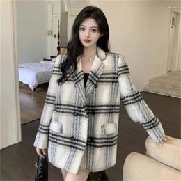 Women's Suits Winter Wear High-End Retro Plaid Woollen Jacket For Autumn Mid Length Loose Casual Suit Large Clothes Spring Blazer XXL