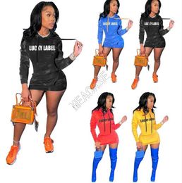 Lucky Label Women Hoodies Dress Hooded Sweaters Letters Print Winter Dress Outdoor Casual Long Sleeve Overall Dresses With Pockets3851123