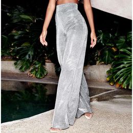 Women's Pants Sexy Women Silver Flash Diamond High Waist Slim Long Grey Flare Wide Leg Trousers Female Elegant Fashion Casual Y2K