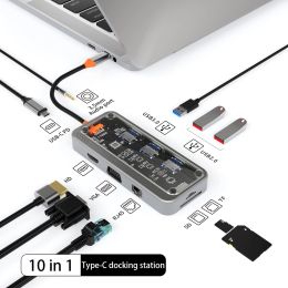 Hubs 10 in 1 USB C HUB PD 100W Type C to 4K/30Hz Laptop Docking Station Splitter HDMICompatible PD USB RJ45 VGA PD TF/SD Card Reader