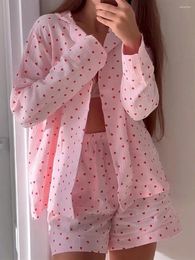 Home Clothing Women 2pcs Suit Loose Fitting Pyjama Set Long Sleeved Heart-Shaped Printed Button Shirt Top Elastic Shorts Casual Wear