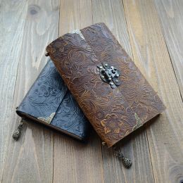 Planners Portable Looseleaf Notebook Retro Carved Lock Notebook Cowhide Notepad Creative Classic Business Learning Office Gift Diary