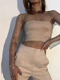 Women Sexy Mesh See Through T Shirt Shiny Rhinestone Fishnet Hollow Out Crop Top Long Sleeve Beach Cover Up Party Club Tank Tops 240410