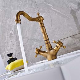 Dual Handle Swivel Bathroom Kitchen Sink Faucet Antique Brass Mixer Tap with Hot and Cold Water Deck Mounted