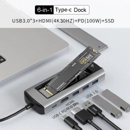 Hubs 6in1 USB C HUB With Disc Storage Function PD100W Type C to HDMIcompatible M.2 SSD HUB Dock Station for Macbook Pro Air M1 M2