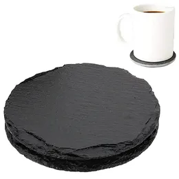 Table Mats Slate Stone Round Black Natural Food Serving Tray Tableware Bar Non Slip Drink Handmad