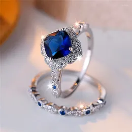 Wedding Rings Luxury Female Blue Square Ring Set Trendy Silver Color Engagement Cute Bride Jewelry Gift For Women