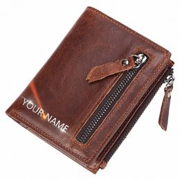 leather Men Wallets Free Name Engraving 100% Genuine Cow Leather Short Card Holder Men Purse Double Zipper Male Wallet n8or#