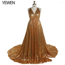 Party Dresses Gold Sequin Elastic Waist Evening Long Sexy Backless Wear For Women YEWEN