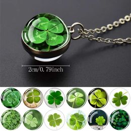 Pendant Necklaces Four Leaf Clover Pendants Shamrock Double Side Glass Ball Pendant Charms Necklace Men Women Green Lucky Grass Jewelry Gift 240410