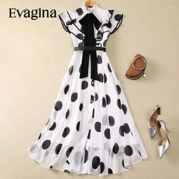 Casual Dresses Evagina Fashion Runway Designer Women's Stand Collar Bow Single Breasted Detachable Belt Polka Dot Vintage Style Dress