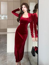 Work Dresses Fashion Velvet Vintage 2 Pieces Outfit Women Ladies Short Cardigan Coat Tops And Sexy Strap Slim Dress Robe Set Femme Suits