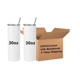 Mugs USA warehouse 15/20/30oz 25Pack Bulk Wholesale Insulated White Blank Skinny Straight Sublimation Tumbler With Straw 240410