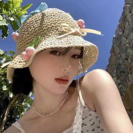 Berets Korean Bow Design Straw Hats For Women Spring And Summer Big Brim Sun Protection Seaside Vacation Hollow Breathable Bucket Cap
