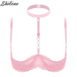 Bras Womens 1/4 Cups Underwire Bra Halter Neck O Ring Sheer Lace Push Up Brassiere Sexy Sheer Bralette Lingerie Underwear S-5XL 240410