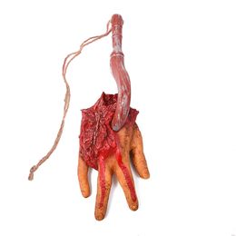 Severed Bloody Hand with Hook Fake Scary Halloween Broken Body Parts Party Hanging Ornament Horror Props Organ Haunted House