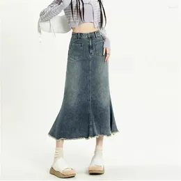 Skirts Clothes For Women Spring Autumn 2024 Vintage Skirt Denim High Waist Korean Fashion A Line Medium Length Fishtail Faldas