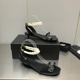 Sandals Shoes For Women Genuine Leather Thong Med Heels Pumps Slingbacks String Bead Summer Designer Zapatillas Mujer