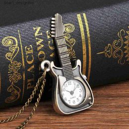 Pocket Watches New Fashion Retro Mini Bronzes Guitar Style Pocket es Charms Necklace Chain es For Men Women Children Birthday gift Y240410