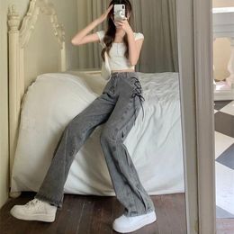 Women's Jeans A Niche Design With Sweet Cool Tie Up Straight Leg High Waisted Loose Wide Pants Are Versatile Appear Slim