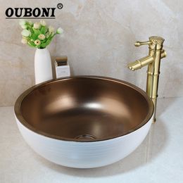 OUBONI Round White Ceramic Bathroom Washbasin Golden Brushed Faucet Mixer Lavatory Wash Basin Set Bath Combine Tap Set