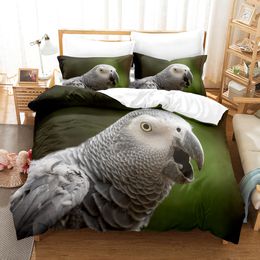 Parrot Duvet Cover Set King/Queen Size Lovely Grey Parrot Theme Bedding Set Adults Trees Bird Polyester Comforter Cover Green