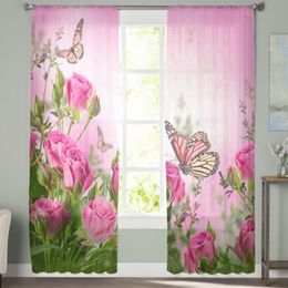 Pink Rose Flower Butterfly Curtain For Living Room Transparent Tulle Curtains Window Sheer For The Bedroom Accessories Decor