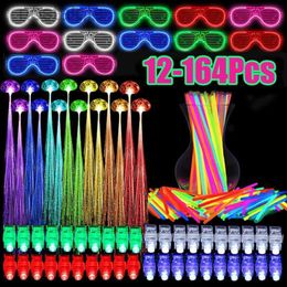 Led Rave Toy 12-164Pcs Light Up Party Favours LED Glow Glasses Bright Glow Sticks Finger Lights LED Lights Hair Barrettes for Glow Party 240410