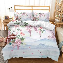 Spring Flowers King Queen Duvet Cover Pink Sakura Bedding Set Girls Cherry Blossoms Quilt Cover Floral Polyester Comforter Cover