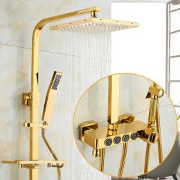 Gold Shower Set Senducs Quality Brass Bathroom Faucet 8 Inch Rainfall Shower Head with Free Bathroom Shelf Gold Shower Suit