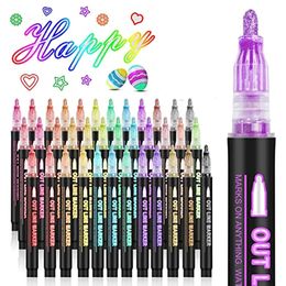 Double Line Outline Markers 24 Colors Super Squiggles Shimmer Outline Marker Pen Set Self Outline Metallic Markers Glitter 240328