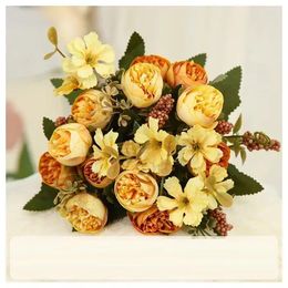 Decorative Flowers Artificial Roses Small Daisies Bouquet Silk Fake Restaurant Decoration Simulation Flower Purple Red Rose Green Plant