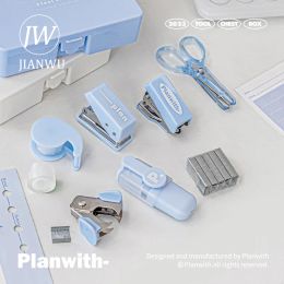 Punch JIANWU 8 Pcs/box Multifunctional Tool Chest Portable Hole Punch Stapler Set Creative DIY Student Supplies Stationery