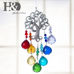 H&D Crystal Suncatcher Tree of Life Rainbow Window Ornament with 20mm Crystal Ball Prism Chakra Sun Cacther Home Garden Decor