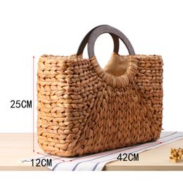 Bohemian Women Handbag Handmade Natural Straw Bag Weaving Summer Beach Bags Round Wooden Handle Female Tote Bag Basket