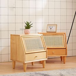 Nordic Solid Wood Bedside Table Bedroom Furniture Simple Rattan Nightstand Home Drawers Apartment Locker Magazine Bookcase TG