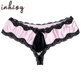 Mens Satin Frilly Briefs Gay Sissy Lace Bulge Pouch Thong Panties Sexy Wetlook Crossdressing Lingerie Bikini G-strings Underwear